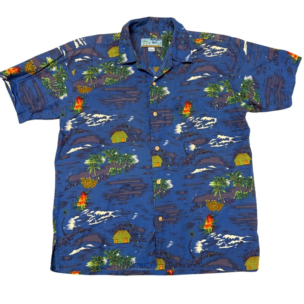Roundy Bay Mens Blue Hawaiian‎ Shirt Tropical Island Palm Tree Cotton Large